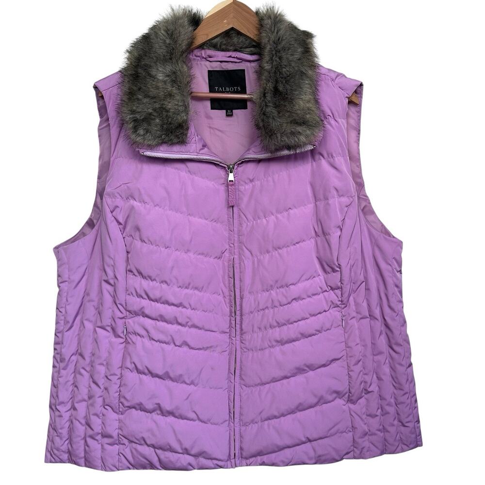 Talbots Lilac Purple Goose Down Puffer Vest Removable Faux Fur Collar Size 3X